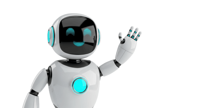 Friendly AI robot with an expressive digital smile and waving hand, symbolizing future-forward interaction, digital assistance, and innovative technology in a modern connected world png