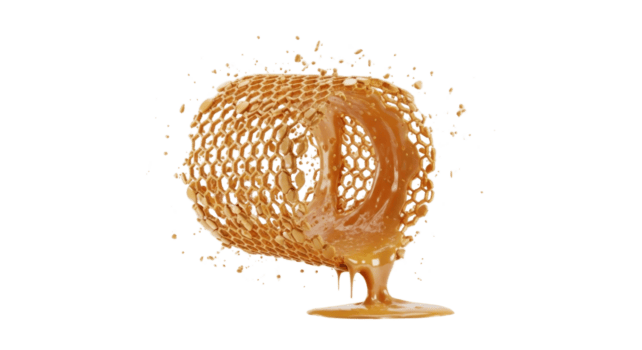 d'oro, viscoso liquido gocciola dinamicamente a partire dal un' perfettamente formato esagonale Favo struttura, la creazione di un' visivamente ricco e dolce astratto rappresentazione di fluente prelibatezza png