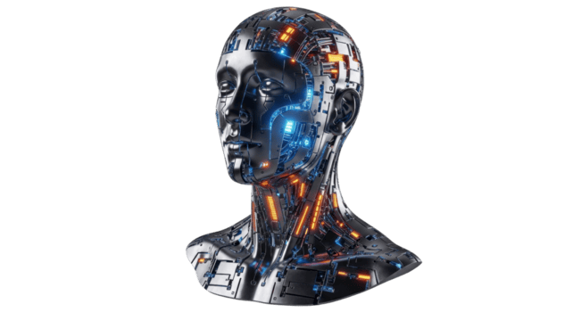 lustroso metálico humano cabeça com intrincado brilhando circuitos, incorporando ponta artificial inteligência, cibernético avanços, e a digital evolução do tecnologia e robótica png