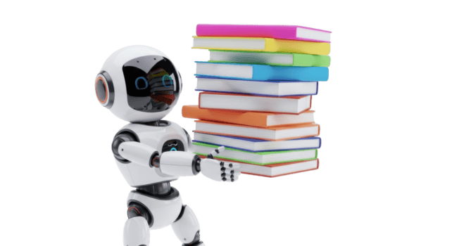 A sleek, intelligent robot holds a large stack of colorful books, depicting the fusion of artificial intelligence with education, knowledge, and the digital learning era png
