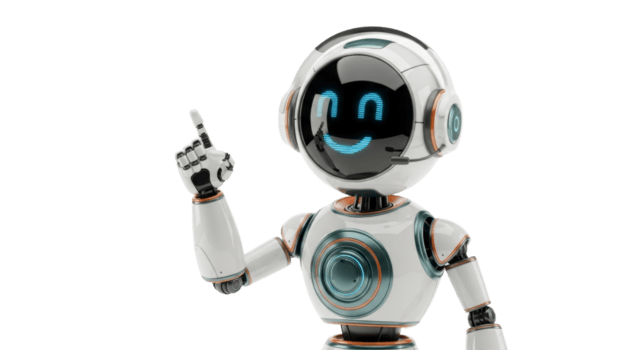 modern ai robot assistent med glad ansikte och headsetet poäng uppåt, symboliserar innovativ lösningar, kund Stöd, och framtida teknologi png