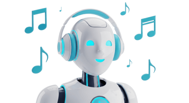 A futuristic artificial intelligence robot enjoys listening to music through sleek headphones, surrounded by floating musical notes, symbolizing technological entertainment and sound innovation png