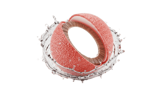 dinamico 3d interpretazione di un' biologico cella intricato interno struttura, catturato entro un' vivace acqua spruzzata, simboleggiante vita scienza, cellulare processi, e Avanzate ricerca png