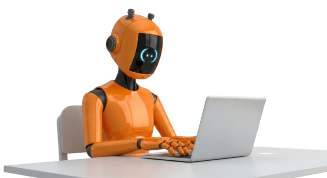 Advanced orange humanoid robot diligently working on a laptop, symbolizing artificial intelligence, automation, and the future of digital tasks and technological development in the modern era png