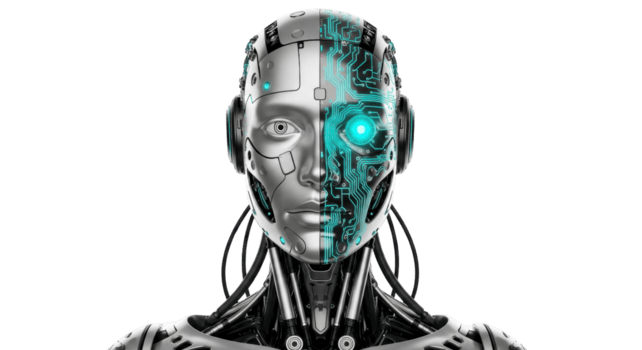 futuriste cyborg tête mélange métallique humanoïde Caractéristiques avec complexe embrasé circuit planche éléments, symbolisant Avancée artificiel intelligence, robotique, et numérique évolution png
