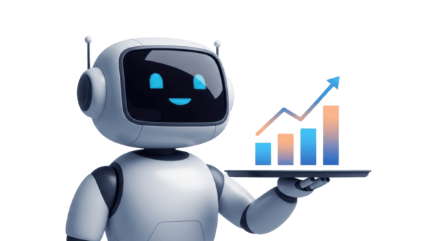 Friendly AI robot presenting an upward-trending financial growth chart, symbolizing smart data analytics, future business success, and technological advancement in automation png