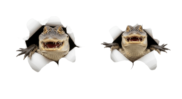 Due curioso bambino alligatori o coccodrilli con spalancata bocche, emergente scherzosamente a partire dal cencioso carta buchi, la creazione di un' dinamico e sorprendente visivo effetto, Perfetto per inaspettato rivela png