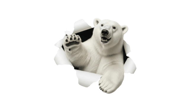 A friendly polar bear waves and emerges from a dynamic torn paper background, creating a playful and surprising visual effect png