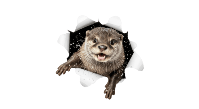 A charming and playful wet otter with bright eyes peeks unexpectedly through a dramatic torn paper hole, creating an exciting breakthrough effect on a clear transparent background png