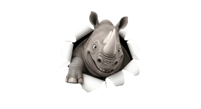un' affascinante 3d animato rinoceronte con un' amichevole Sorridi scherzosamente scoppia attraverso un' bianca sfondo, la creazione di un' dinamico visivo di sorpresa e divertimento png