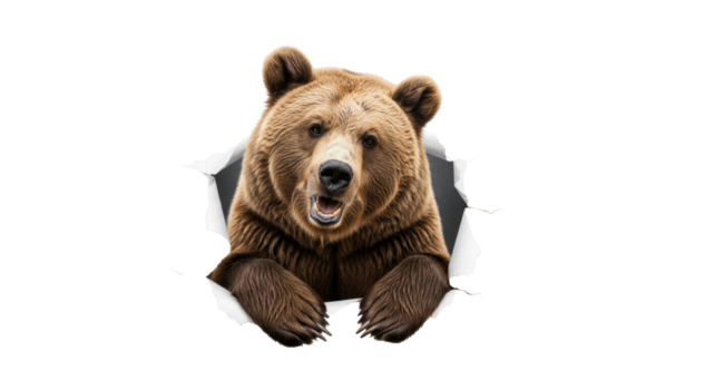 potente selvaggio Marrone orso scoppiando attraverso un' strappato buco, emergente con un Aperto bocca e intenso sguardo, la creazione di un' drammatico e sorprendente visivo effetto su un' trasparente sfondo png