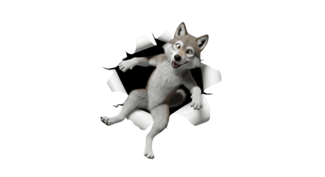 Dynamic cartoon wolf character playfully bursting through a torn white paper background, with a surprised and friendly expression, creating an exciting visual effect for design projects png