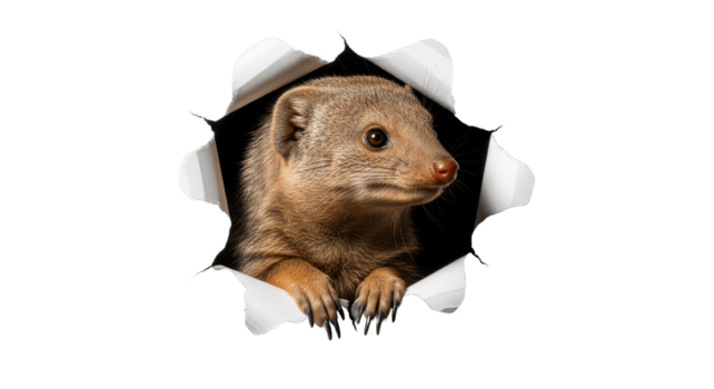 ein neugierig und agil Mungo taucht auf spielerisch von ein zerrissen Papier Hintergrund, es ist daran interessiert Augen und Scharf Krallen sichtbar, Erstellen ein dynamisch und einnehmend visuell von Tierwelt im Aktion png