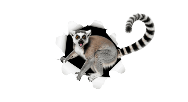 A curious ring-tailed lemur emerges with a playful expression through a dynamic ripped paper hole, creating an eye-catching and engaging visual effect png