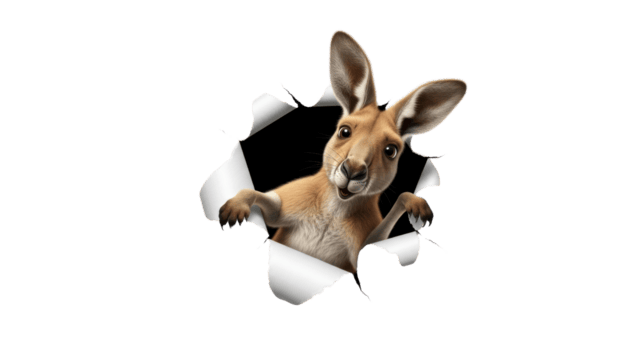 lekfull bebis känguru framträder genom en trasig papper hål, leverera ett oväntat och charmig överraskning med dess nyfiken blick, idealisk för fängslande och dynamisk visuell innehåll png
