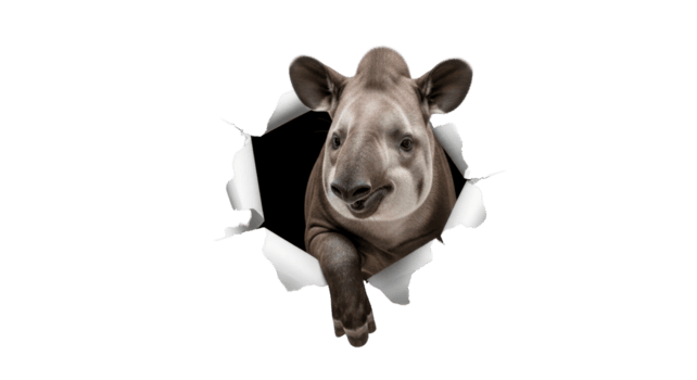 An inquisitive young tapir playfully bursts through a torn paper background, creating a surprising and dynamic visual effect with its natural curiosity png