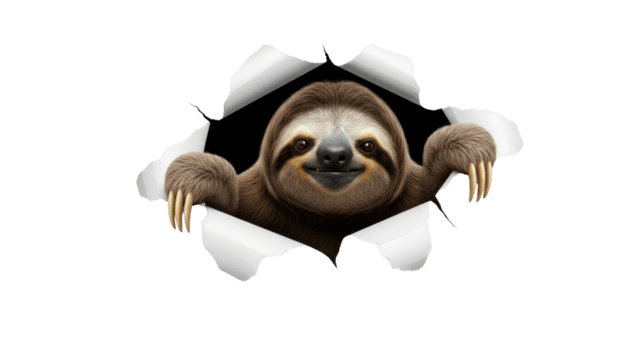 An adorable, smiling sloth playfully emerges through a realistic torn paper hole, creating a charming and surprising visual effect, ideal for adding whimsy and cuteness to any design png