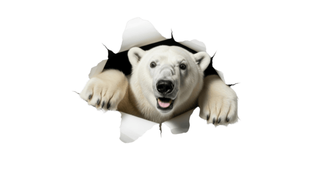 Dynamic polar bear bursts through a torn paper background, its fierce expression and powerful paws creating a striking, action-packed visual effect, perfect for design projects png
