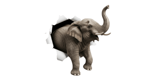 dynamisch 3d Grafik von ein mächtig Elefant entstehenden von ein zerrissen Oberfläche, Kofferraum dramatisch erzogen, Erstellen ein visuell Einschlag von Durchbruch, Stärke, und unerwartet Gegenwart png