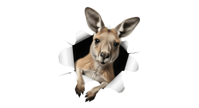 A young kangaroo curiously peeks through a dynamic, ragged hole in a paper-like surface, creating an engaging and playful visual surprise png