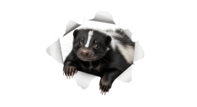 en busig vild skunk med distinkt svart och vit päls kikar nyfiket genom en rev papper hål, skapande ett engagerande och förvånande visuell effekt png