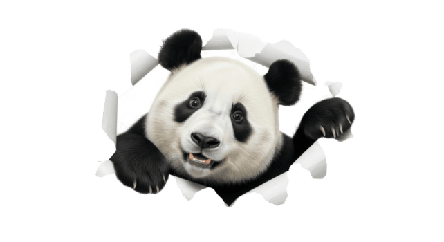 en glad jätte panda lekfullt framträder från en rev papper bakgrund, peering ut med en nyfiken och Lycklig uttryck, skapande ett engagerande visuell överraskning för olika kreativ projekt png