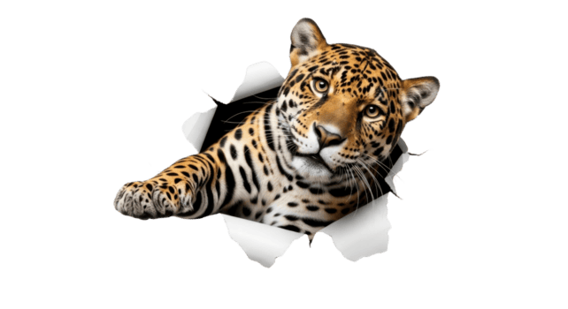 Majestic spotted jaguar with piercing eyes dynamically emerges through a torn paper hole, creating an exciting 3D visual effect, highlighting wilderness and surprise png