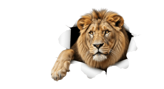 kraftfull lejon bryter genom en yta, visa upp majestätisk närvaro och vild anda. dynamisk bild av en våldsam stor katt framväxande med styrka och en befallande blick png