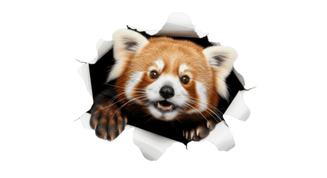 A curious and playful red panda emerges dramatically through a realistic torn paper effect, creating an engaging and surprising visual ideal for dynamic graphic design and marketing concepts png