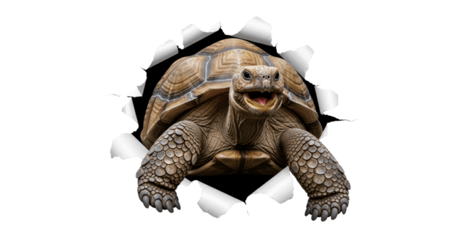 un' potente tartaruga pause attraverso un' strappato carta parete, emergente con un' determinato espressione e Aperto bocca, la creazione di un' dinamico e sorprendente visivo effetto png