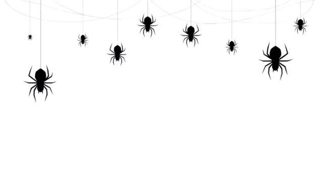 Dark silhouette spiders suspended on invisible threads, creating a spooky and eerie Halloween-themed background or a creepy design element for haunted events and projects png