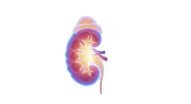 Vibrantly illuminated human kidney, a detailed 3D rendering showcasing the intricate internal structure and essential function of this vital organ, symbolizing health and physiological processes png