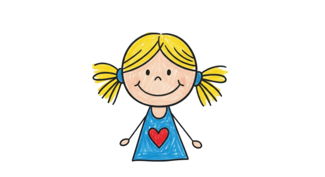 Sweet hand-drawn doodle of a smiling girl with blonde pigtails, wearing a blue dress featuring a red heart, an illustration symbolizing childhood innocence, joy, and simple charm png
