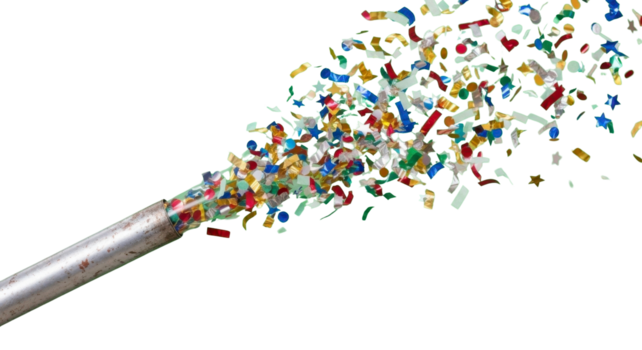 Dynamic burst of vibrant confetti and streamers erupting from a celebration popper, creating an explosion of joy and festive energy for parties and events png