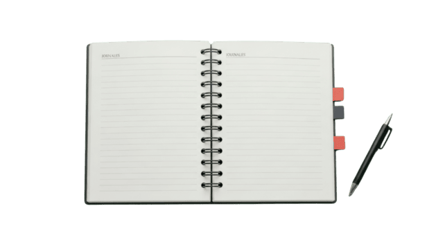 Blank open spiral-bound notebook and pen, perfect for versatile writing, planning, and creative expression, offering a clean space for notes, ideas, and daily tasks png