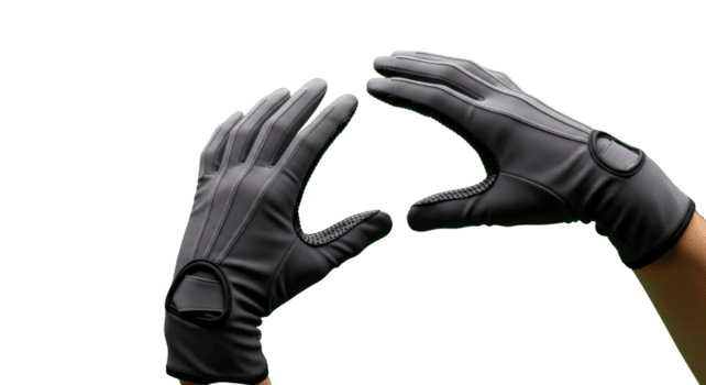 Pair of protective black gloved hands making an open, welcoming gesture, perfectly isolated on a transparent background for versatile creative and technological design applications png