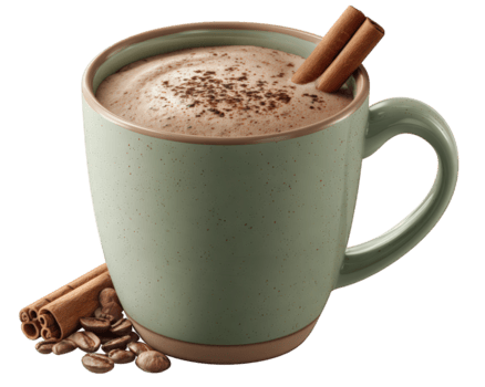 warm und gemütlich heiß Schokolade Kakao trinken im Grün Becher. festlich Getränk mit Zimt, wohltuend und Süss behandeln mit köstlich Reich Schaum zum Winter Morgen png