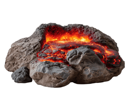 Powerful volcano model eruption with fiery hot lava and magma flowing over rock. This isolated object shows straight side photo of geologic phenomenon on transparency background png