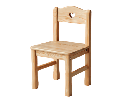 Charming small wooden kid chair with heart cutout. An isolated child furniture object with backrest design, evoking sweet feeling of love and simple comfort png
