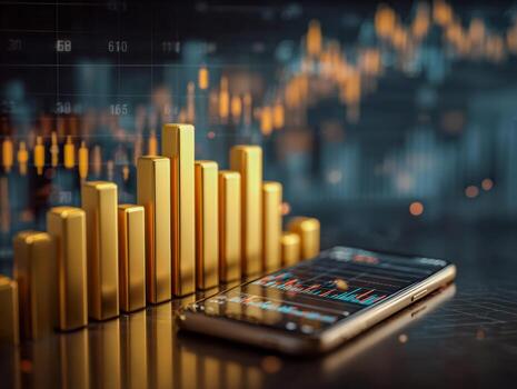 Data analytics and financial growth visualization with a mobile device and 3d bar chart photo