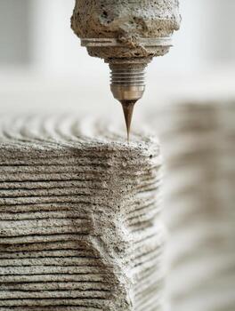 Industrial 3d printer nozzle extruding layered concrete material to create a textured and sturdy architectural structure with precision and modern technology photo