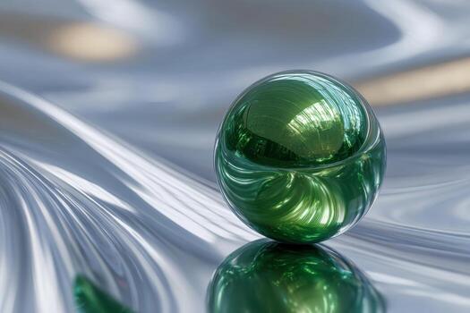 Reflective green glass sphere resting on a smooth metallic silver surface creating intricate light patterns and shimmering reflections in an abstract setting photo