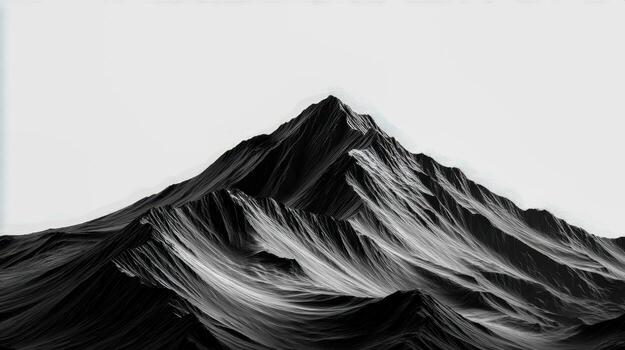 Monochrome artistic rendering of a rugged mountain peak with detailed textures and sharp ridges against a plain white background for design and nature themes photo