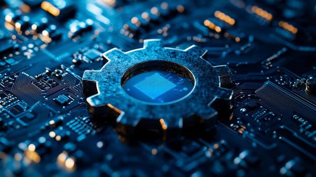 Close-up of a computer chip embedded in a circuit board with a gear-shaped processing unit, illustrating technology and innovation photo