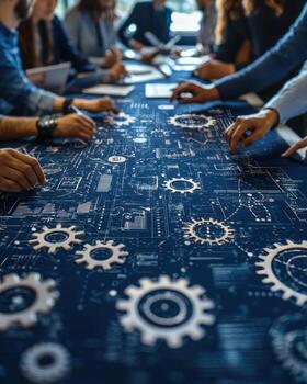 Group of professionals collaborating around a futuristic digital blueprint with gears and technology icons photo
