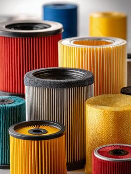 A vibrant collection of automotive air filters in various colors and sizes, showcasing different materials and designs for efficient engine performance and airflow management photo