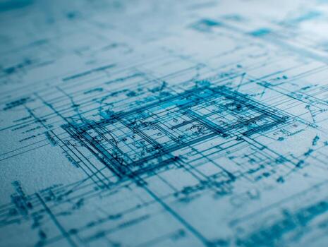 Detailed architectural blueprint showing technical drawings and precise measurements for a building design on a textured paper background photo