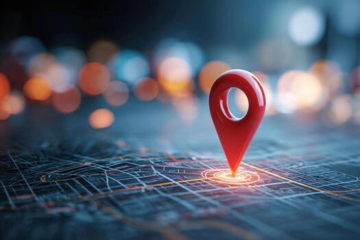 Red location marker glowing on detailed digital city map with vibrant bokeh lights in the background representing modern navigation and urban planning concept photo