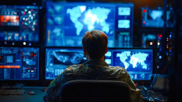 Cybersecurity analyst monitoring global digital networks in a high-tech command center photo