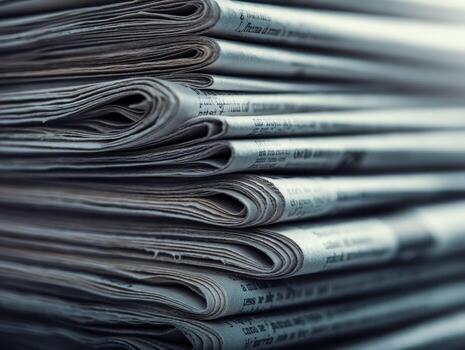 Close-up of stacked newspapers highlighting folded pages and printed text photo